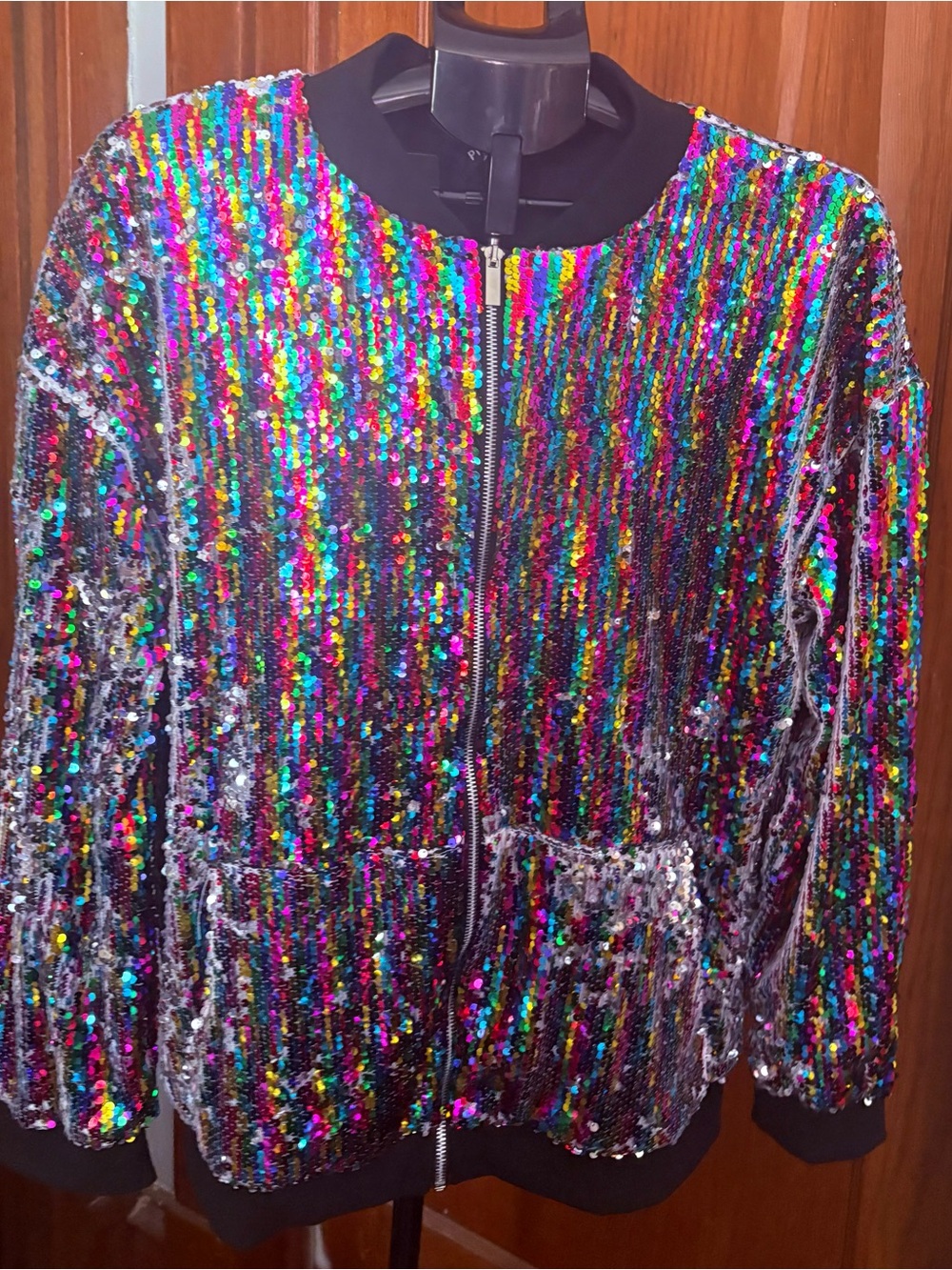 Multicolor Sequin Bomber Jacket with Black Trim